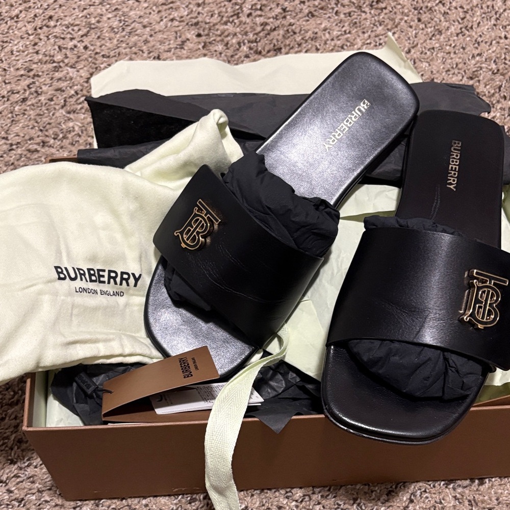 Burberry Black Slides with Gold Logo - Picture 16 of 16